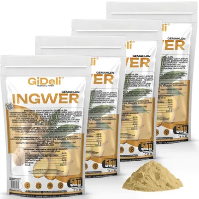 Obrázek produktu pro Prášek z zázvoru, 20 kg. Mletý zázvor, přírodní, vhodný do čajů, smoothies, veganské produkty. Značka: GiDeli