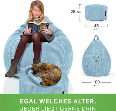 Produktbild von Green Bean® 2er Set Indoor XXL Sitzsack + Pouf mit EPS-Perlen Füllung - Fußhocker Fußkissen Hocker Bodenkissen Liegekissen Sitzkissen Lounge Chair - Hellblau