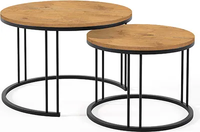 Productafbeelding van Ronde salontafel RAVEL 2-in-1 voor de woonkamer, met metalen poten in industriële stijl. Diameter: 75 cm / 58 cm. Kleur: Eiken Lancelot / Zwart