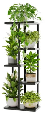 Produktbild von Blumenständer aus Metall und Holz – 5-stufiger Pflanzenständer, Zimmerpflanzenregal, moderne Blumenleiter, Blumenregal für Wohnzimmer und Balkon, schwarz