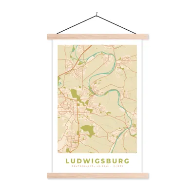 Produktbild von MuchoWow® Textilposter Ludwigsburg - Karte - Stadtplan - Vintage 120x180 cm mit holzfarbenen Rahmen - Textil-Plakat