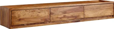A wooden TV cabinet with three drawers against a white background.