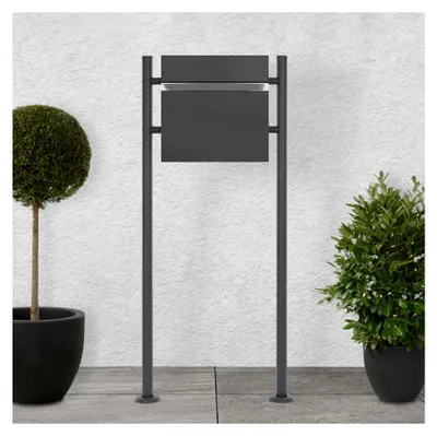 Produktbild von Standbriefkasten mit Zeitungsfach, Design Briefkasten mit Pfosten, Anthrazit 120 cm pulverbeschichteter Edelstahl, Postkasten Anthrazit 37 x 36,5 cm