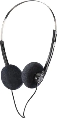 A pair of black on-ear headphones with a metal headband and black foam earcups, shown against a white background.