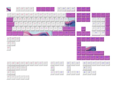 A collection of keyboard keycaps arranged in a grid-like pattern on a white background.