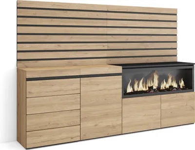 Produktbild von Sideboard, Kommode, 214x35x145 cm, Für Schlafzimmer, Zimmer, Elektrokamin XXL, Kommode mit Schubladen, Eiche farbe