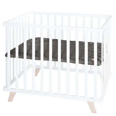 Produktbild von roba Laufgitter 75 x 100 cm aus Holz weiß - Laufstall für Babys inkl. Schutzeinlage Graphite gesteppt - Höhenverstellbar - Füße aus Massivholz
