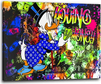 Produktbild von Duck Loving Money, Pop Art Comic Wandbild Leinwandbild Kunstdruck XL Wanddeko: 120x80x2cm