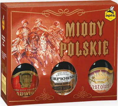 Produktbild von Set mit 3 Mets |Honigwein Jadwiga Pó³taorak-Einhalber, Kurpiowski Dwójniak-Halber, Piastowski Trójniak-Drittel| Geschenkset im Karton | 750ml | 13-16% Alkohol Metwein | Polnische Produktion