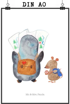 Produktbild von Mr. & Mrs. Panda Bild Pinguin & Maus Wanderer DIN A0 - Weiß - Geschenk, Wandbild, Abenteuer, Wandern, drucke, Wanddekoration, Roadtrip, Ausflug, wanddeko