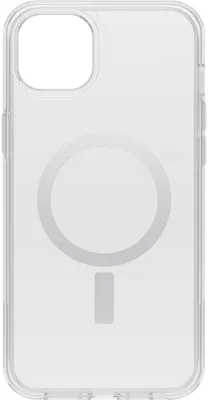 A clear phone case with a magnetic ring visible on a white background.