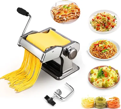 Produktbild von 3in1 Edelstahl Nudelmaschine, 2 Klingen 9 Dicken, Befestigungsklammern, verstellbar