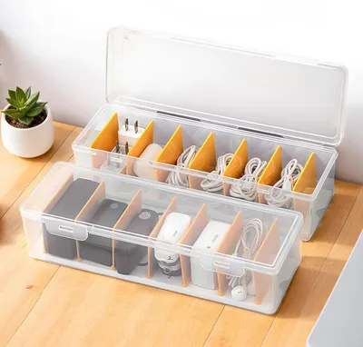 Produktbild von Kabel Organizer Box, 2er-Pack, Kabelbox Kunststoff Transparent, Kabel Organizer Es Gibt 7 Herausnehmbare Trennw?nde,  Kabelbox Wei?