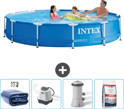 Produktbild von Intex-Schwimmbecken mit rundem Rahmen – 366 x 76 cm – Blau – im Lieferumfang enthalten Sonnensegel - Salzwassersystem - Filterpumpe für Schwimmbad - Poolsalz