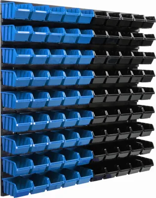A wall-mounted storage system with multiple blue and black bins.