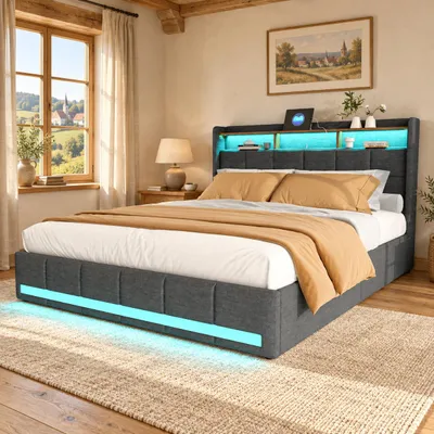 Zdjęcie produktu dla Łóżko tapicerowane BPKADHY, 160x200 cm, szare, podwójne, z 4 szufladami, zagłówek z miejscem do przechowywania, oświetlenie RGB LED, 2 porty USB i USB-C, obicie z lnu, stelaż, bez materaca