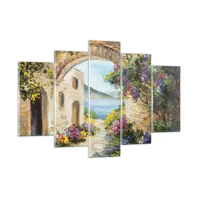 Produktbild von Bilder auf glas - 5 Teile - Haus Santorini Blumen - 150x100cm - Glasbilder - Wandbilder - Bilder - zum Aufhängen bereit - Wanddekoration aus Glas - Glas Bilder - Wandbild auf Glas - GEA150x100-4191