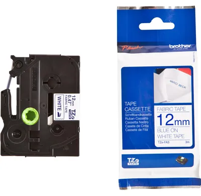 Produktbild von Brother TZe-FA3 - Gewebe - Blau auf Weiß - Rolle (1,2 cm x 3 m) 1 Kassette(n) Band zum Aufbügeln - für Brother PT-D210, D600, H110, P-Touch PT-1880, D200, D450, E110, E550, E800, H110, P900