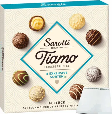 Produktbild von Sarotti Tiamo feinste Trüffel 8 exclusive Sorten mit Alkohol (200g Packung) + usy Block