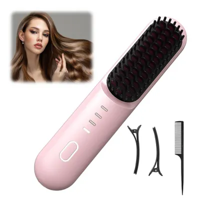 Produktbild von Tragbare Glättbürste kabelloser Haarglätter mit konstanter Temperatur Anti‑Verbrennungsdesign schonend für alle Haartypen kompakt in Rosa