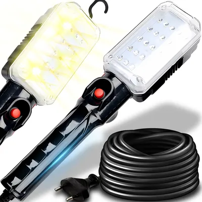Two LED work lights, one illuminated with yellow light and the other with white light, are shown with a coiled black cable and a power plug.