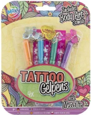 Produktbild von Creative Craft Group Tattoo-Gelstifte Metallic mit Schablone, 4 Stück.