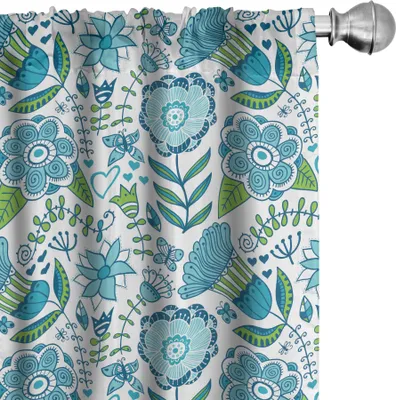 Produktbild von ABAKUHAUS Blau und Grün Vorhänge, Gardinen, Doodle Illustration der Natur Blume Schmetterlinge und Libellen, 2 Stück 75 x 175 cm, Grün Weiß Blau
