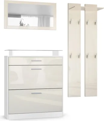 Produktbild von Vladon Garderobe Loret mini, Garderobenset bestehend aus 1 Schuhschrank, 1 Wandspiegel und 2 Garderobenpaneele, Weiß matt/Creme Hochglanz
