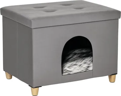 Image de Fortuna Lai 2-EN-1 Cave à chat Pouf avec coussin Pieds en bois Maison pour chat Panier pour chat Rembourrage moelleux Ottomane Design élégant Amovible MDF Peluche Gris 60 x 45 x 44,5 cm
