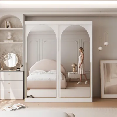 Image de Armoire à portes coulissantes IDOHOME CLARITY avec miroir, deux portes : une armoire élégante et moderne pour la chambre à coucher et le couloir, au style élégant et moderne, blanc glamour