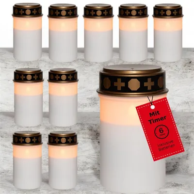 Productafbeelding van Novaliv LED-graflichten met batterij en timer, wit, 6/18 stuks. 10 LED-kaarsen met batterijen. Grafkaarsen, kerken, kaarsen met flakkerend licht, herdenkingskaars, eeuwig licht, rouwkaars