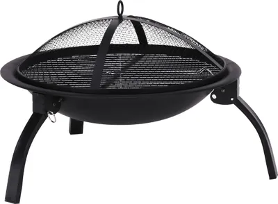 A black metal fire pit with a mesh lid and three legs, shown on a white background.