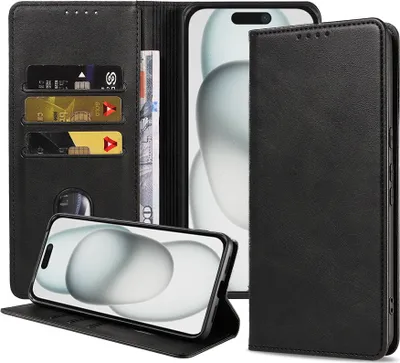 Produktbild von Smartphonica Handytasche passend für iPhone 15 Kunstledertasche mit Magnetverschluss und Kartenfächern Buchtasche mit Klappe - Schwarz