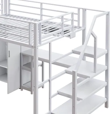 Produktbild von STILVORA Hochbett 140×200 Metallbett Jugendbett mit Kleiderschrank & Stauraumleiter,mit Schreibtisch & Geländer,ohne Matratze,Weiß