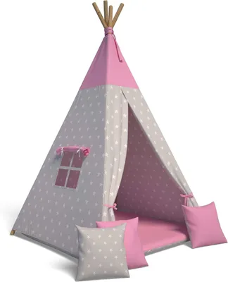 Produktbild von Tipi Zelt für Kinder | Spielzelt Kinder Indoor | Spielzelt mit Weiche Kissen | Langlebig zelt|Kinderfreundlich Tippizelt Indoor (Sterne Rosa)