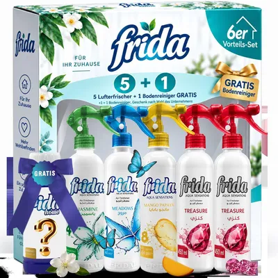 Frida Lufterfrischer Set mit Treasure, Treasure, Jasmin, Meadows, Mango Papaya und Allzweckreiniger
