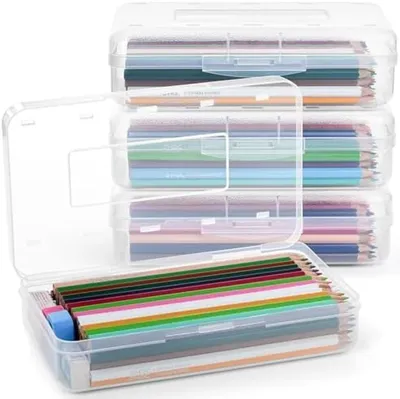 Produktbild von PromoHome® 4er-Pack Große Kapazität Bleistift-Aufbewahrungsboxen – Transparente Kunststoff-Organizer mit Klickdeckel, 20x12x6 cm