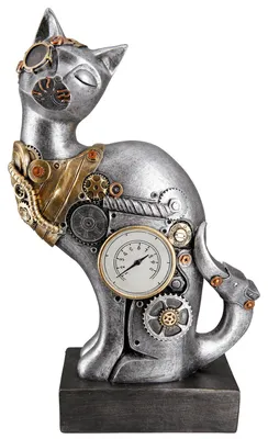 Obrázek produktu pro STEAMPUNK KOČKA - stříbrná - pryskyřice - v. 30cm - dekorativní figurka