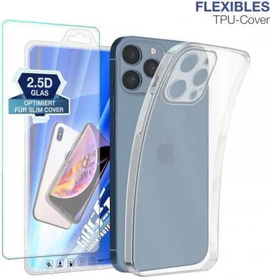 Produktbild von Slim Cover für Apple iPhone 13 Pro Max mit 9H Displayglas Displayschutz Hülle Transparent Flexibel Elastisch Backcover Schutzhülle Handyhülle