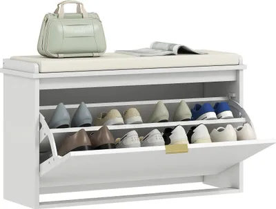 Produktbild von Schuhbank - Aufbewahrungsbank - Gepolsterte Sitzfläche - Kippfach - Verstellbarer Einlegeboden - Für Flur oder Schlafzimmer - 80×26×47,5 cm - Weiß