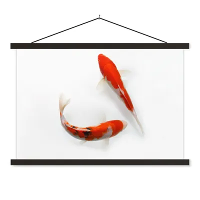 Produktbild von MuchoWow® Textilposter Zwei orangefarbene Koi-Karpfen vor einem weißen Hintergrund 120x80 cm mit schwarzem Rahmen - Wanddeko