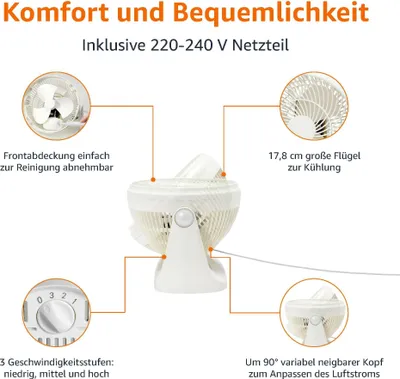 Produktbild von Tischventilator 18 cm, tragbar, geräuscharm, 3 Geschwindigkeiten, Weiß, Amazon