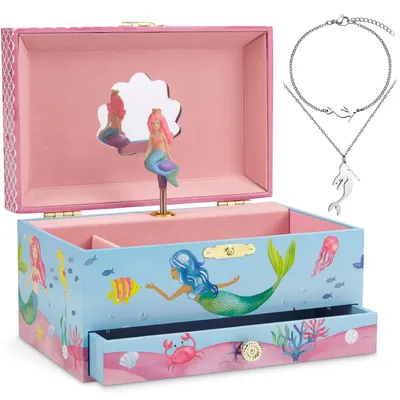Produktbild von Jewelkeeper Meerjungfrau-Spieluhr und Schmuckset für kleine Mädchen – 3 Meerjungfrau-Geschenke für Mädchen – Schmuckschatulle für Mädchen
