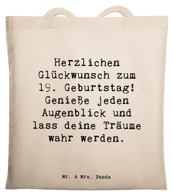 Produktbild von Mr. & Mrs. Panda Shopping Tasche Spruch 19. Geburtstag Freude - Transparent - Geschenk, junge Erwachsene, Alter, Tote Bag, Geburtstagsgeschenke, Einkaufstasche, festival