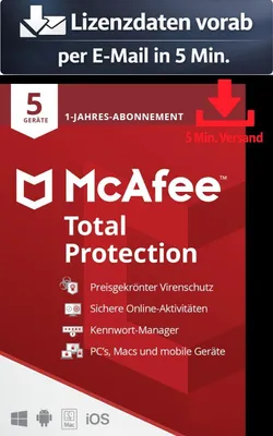 Produktbild von McAfee Total Protection (5 Device - 1 Jahr) ESD Antivirus Sicherheit 5 Min. Versand als Download per Mail