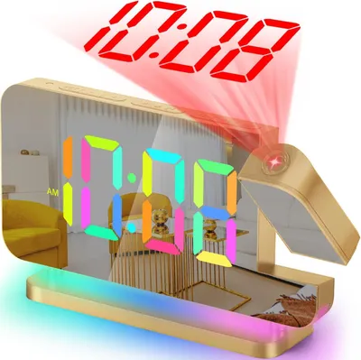 Produktbild von Wecker 7.4" LED Spiegel Projektion an Deckenwand, mit RGB-Nachtlicht, USB C Ladeanschluss, Auto Dimmung, Moderne Schreibtischuhr für Schlafzimmer