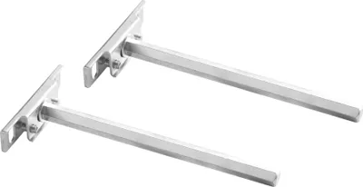 Two metal shelf brackets are shown against a white background.