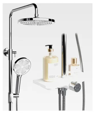 Produktbild von Regendusche ohne Armatur mit Ablage, Duschsystem mit Duschkopf aus Edelstahl, verstellbare Duschsäule, Duschstange, Kopfbrause rund 25cm Chrom