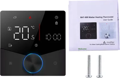 Obrázek produktu pro Bezdrátový termostat Matter pro ohřev teplé vody v domácnosti s ovládáním pomocí aplikace a hlasového asistenta, barevný digitální dotykový LED displej, nastavitelný knoflík, přesná teplota, montáž na zeď, úspora energie, DIY, 7 x 6 týdnů, programovatelný střídavý proud