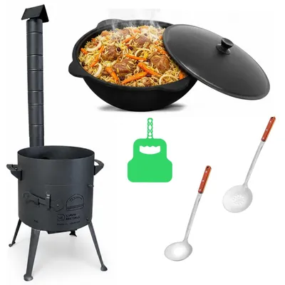Produktbild von Ø36cm Uchag 2mm Stahl mit Abzugsrohr 12L Kasan Gusseisen Feuerstelle Kazan Utschak Utschag Feldküche Campingofen Außenküche Eintopfofen mit Schaumkelle Suppenkelle Grillfächer